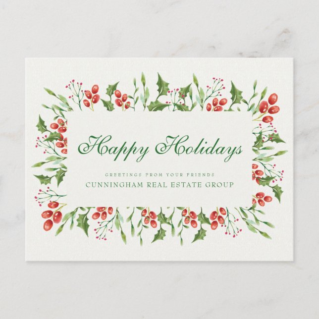 Holly Pine & Berry | Holiday Greetings Postcard (Front)