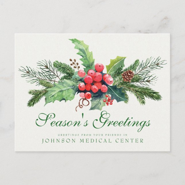 Holly Pine & Berry | Medical Holiday Greetings Postcard (Front)