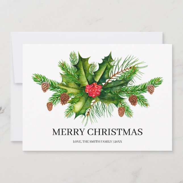 Holly Pine & Berry Merry Christmas Holiday Card (Front)