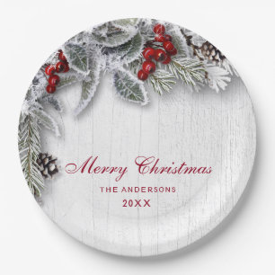 Holly Pine Branch Rustic Holiday Christmas Party Paper Plate