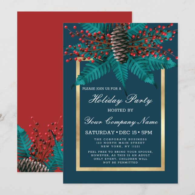 Holly Pine Cone Bouquet Gold Corporate Holiday Invitation (Front/Back)