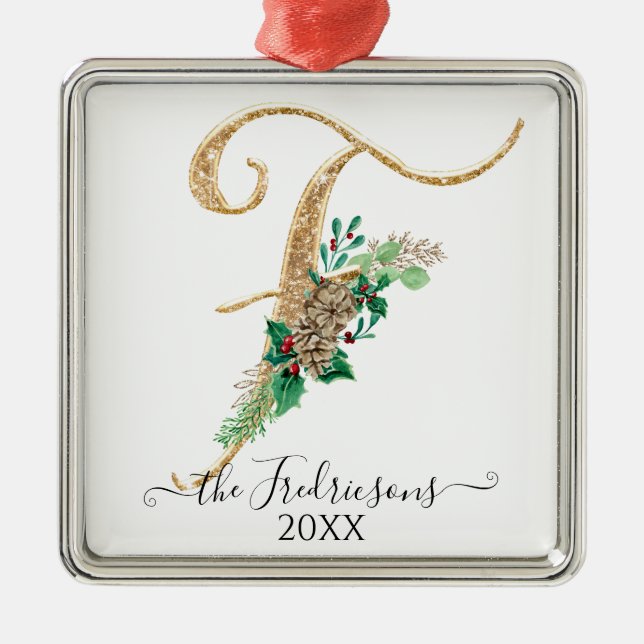 Holly Pine Cone Christmas Gold Glitter Monogram F Metal Tree Decoration (Front)