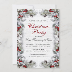 Holly & Pine Cones Branch Rustic Christmas Party Invitation