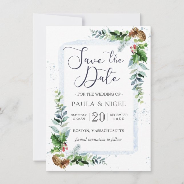 Holly Pine Cones Greenery Foliage Save the Date Invitation (Front)