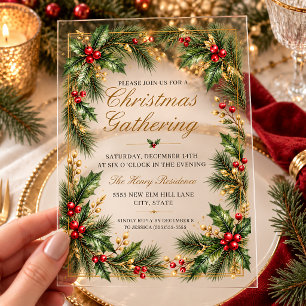 Holly Pine Elegant Gold Christmas Party Acrylic Invitations