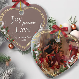 Holly & Pine Gold Frame Family Photo 2-sided Ce Ceramic Tree Decoration