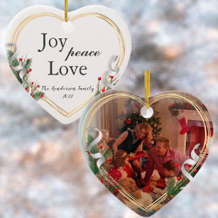 Holly & Pine Gold Frame Family Photo 2-sided  Ornament