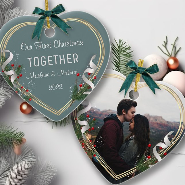 Holly & Pine Gold Frame Photo 1st Xmas Together  Ceramic Tree Decoration (Creator Uploaded)