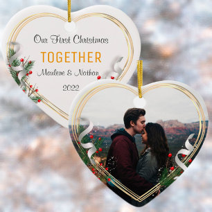 Holly & Pine Gold Frame Photo 1st Xmas Together Ornament