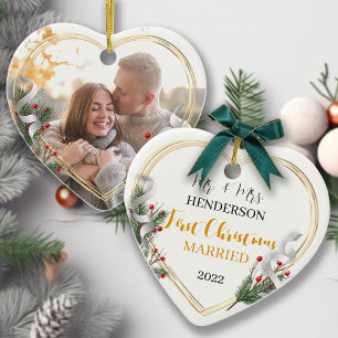 Holly & Pine Gold Frame Photo Newlyweds 2-sided  Ceramic Tree Decoration