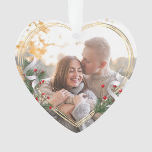 Holly & Pine Gold Frame Photo Newlyweds 2-sided Ornament