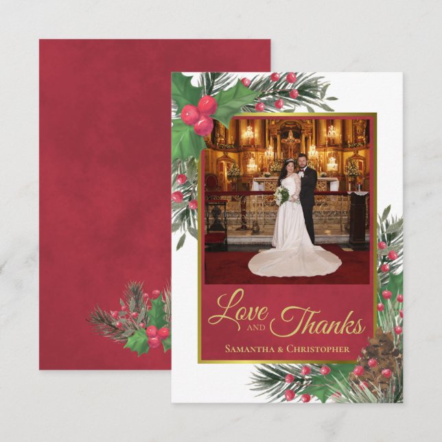 Holly & Pine Holiday Themed Love & Thanks Wedding Thank You Card (Front/Back)