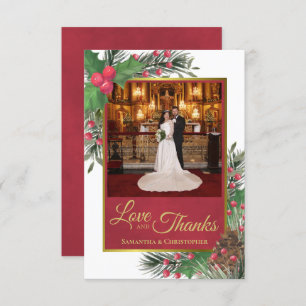 Holly & Pine Holiday Themed Love & Thanks Wedding Thank You Card