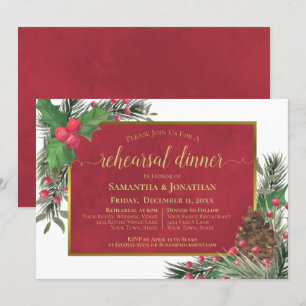 Holly & Pine Holiday Wedding Rehearsal Dinner Invitation