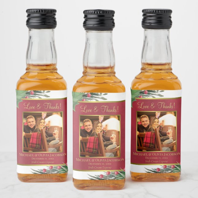 Holly & Pine Love & Thanks Wedding Photo Mini Liquor Bottle Label (Bottles)