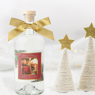Holly & Pine Merry Christmas Gold Frame Photo Liquor Bottle Label