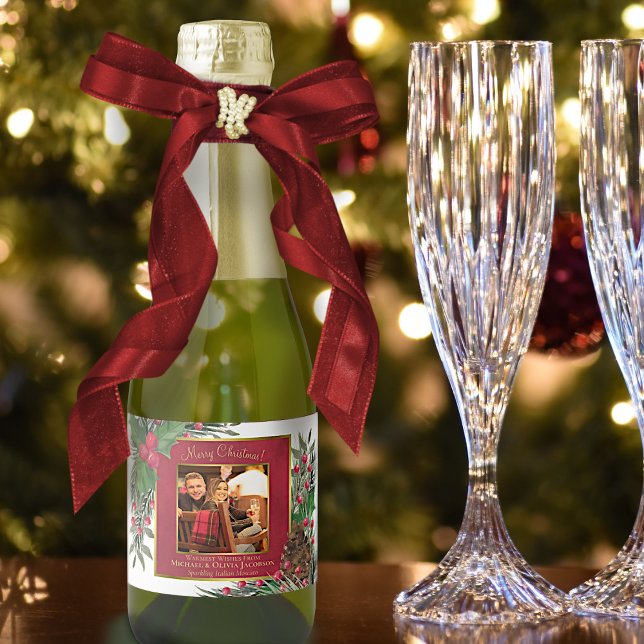 Holly & Pine Merry Christmas Photo Festive Mini Sparkling Wine Label (In Situ with Bow & Glasses)