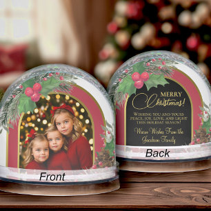 Holly & Pine Merry Christmas Photo & Greeting Snowglobe