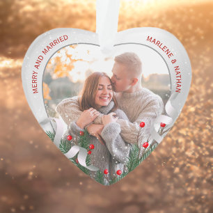 Holly & Pine Silver Frame Photo Newlyweds 1st Xmas Ornament