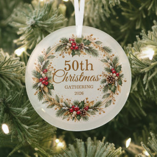 Holly Pine Snow Gold Christmas Glass Tree Decoration