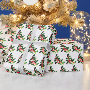 Holly Pine Tree Woodland Xmas Cute watercolor Wrapping Paper