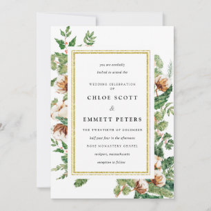 Holly Pine White Floral Winter Wedding Invitation