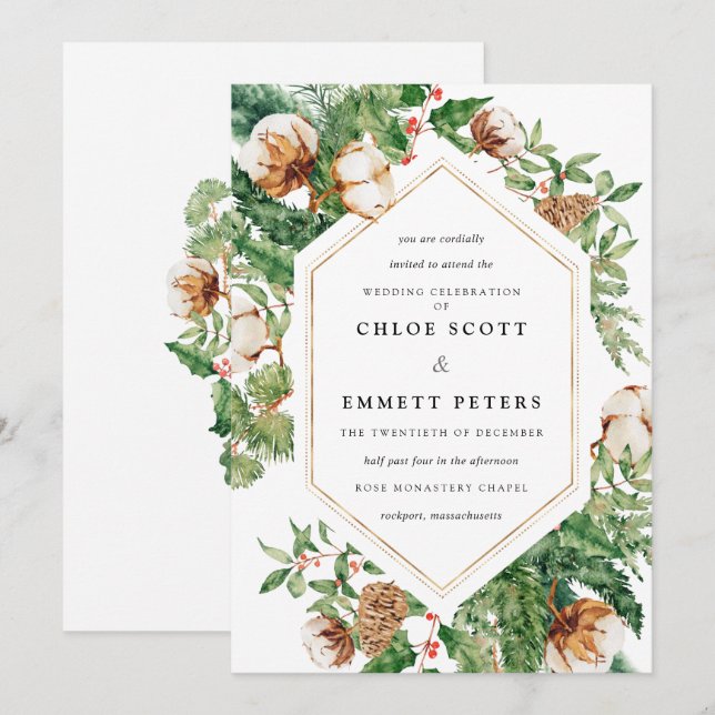 Holly Pine White Floral Winter Wedding Invitation (Front/Back)