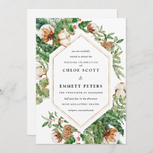 Holly Pine White Floral Winter Wedding Invitation