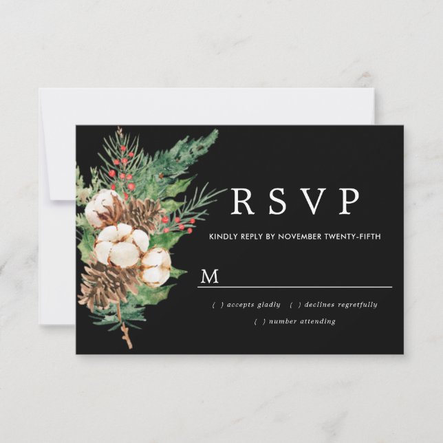 Holly Pine White Floral Winter Wedding RSVP Card (Front)
