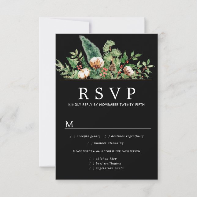 Holly Pine Winter Wedding RSVP Meal Options (Front)