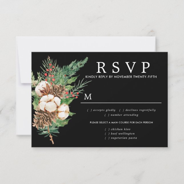 Holly Pine Winter Wedding RSVP Meal Options (Front)