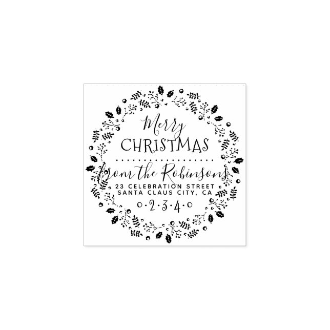 Holly & Pine Wreath Script Name & Return Address Rubber Stamp (Imprint)