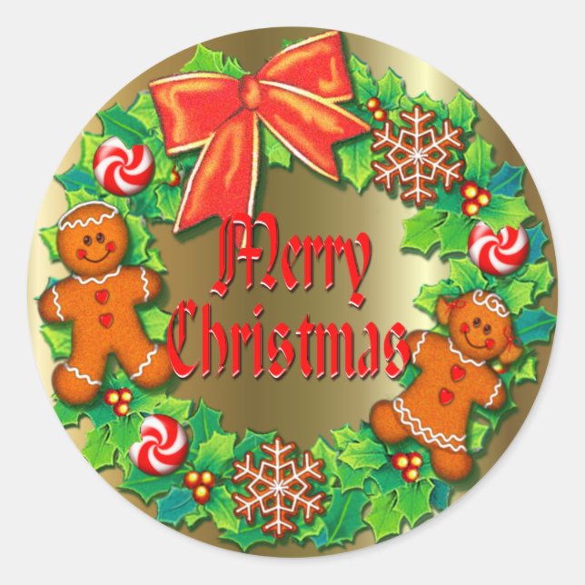 HOLLY, PINWHEELS & GINGER WREATH by SHARON SHARPE Classic Round Sticker (Front)