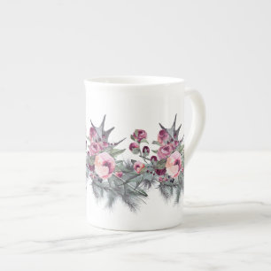 Holly Plum Rose Garland Bone China Mug