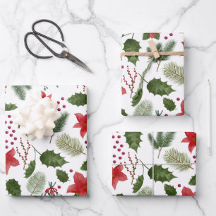 Holly & Poinsettia Christmas Gift Wrap - 3 Sheets