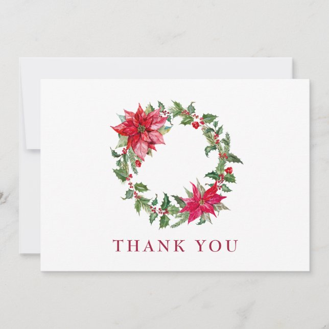 Holly Poinsettia Christmas Wreath Corporate Thank You Card (Front)