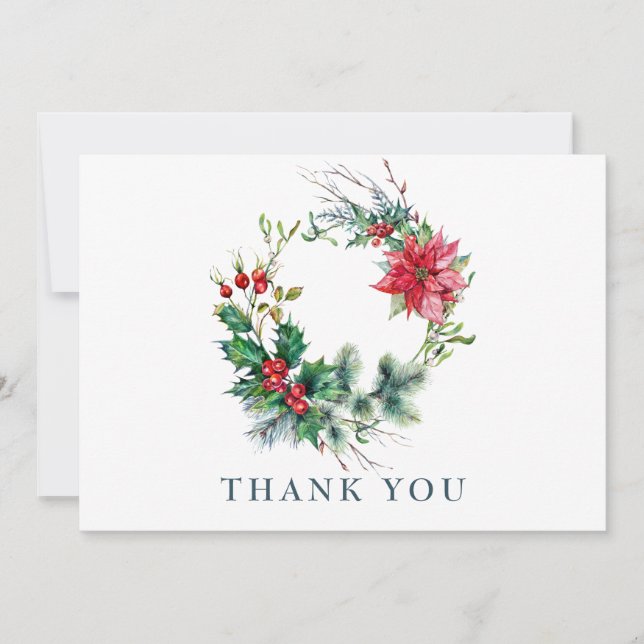 Holly Poinsettia Christmas Wreath Corporate Thank You Card (Front)