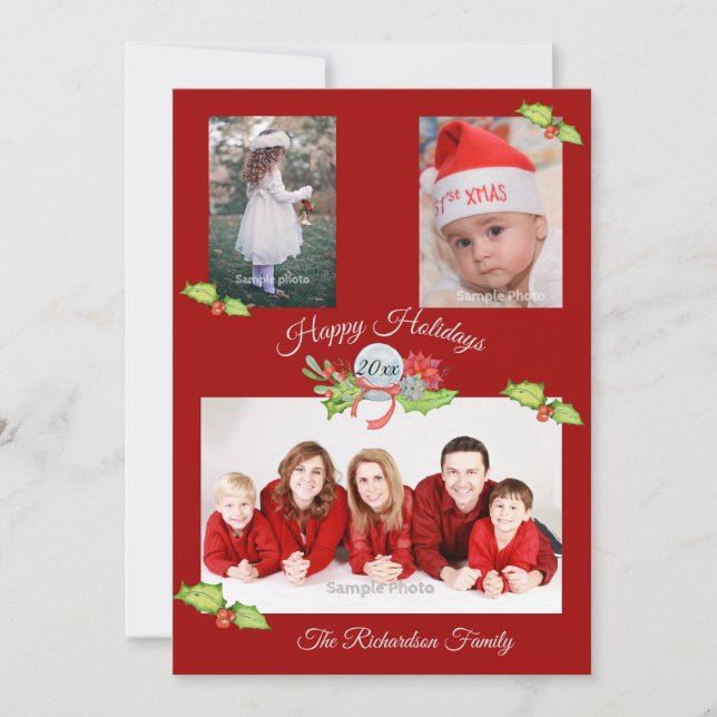 Holly Poinsettia Snow Globe Red Personalised Photo Holiday Card (Front)