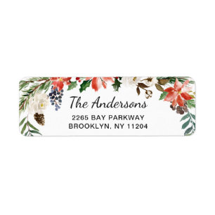 Holly Poinsettia Wreath Christmas Return Address