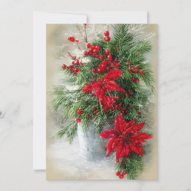 Holly poinsettias and fir budget Christmas Holiday Card (Front)