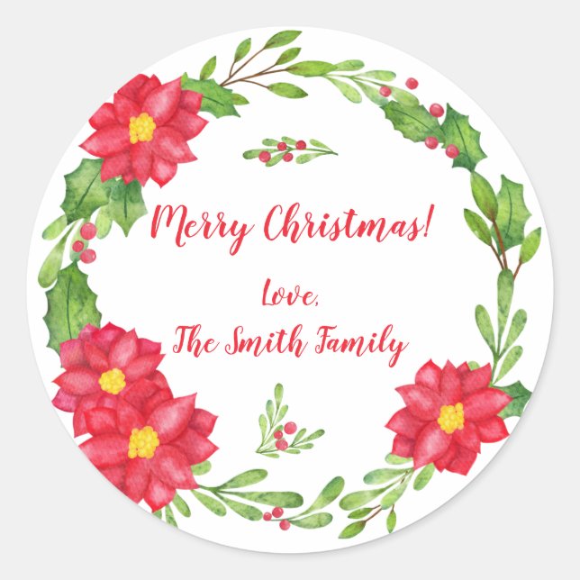 Holly & Poinsettias Christmas Round Stickers (Front)