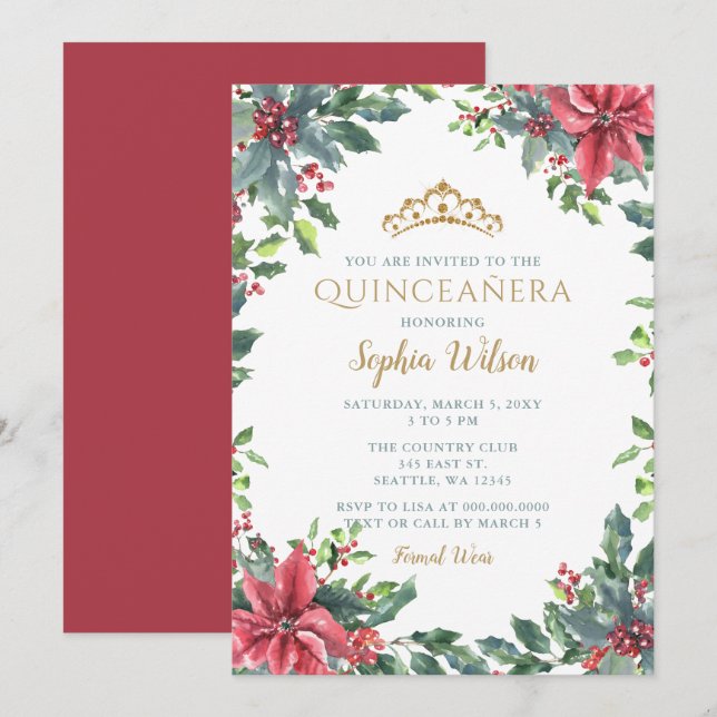 Holly Poinsettias Gold Princess Tiara Quinceañera Invitation (Front/Back)
