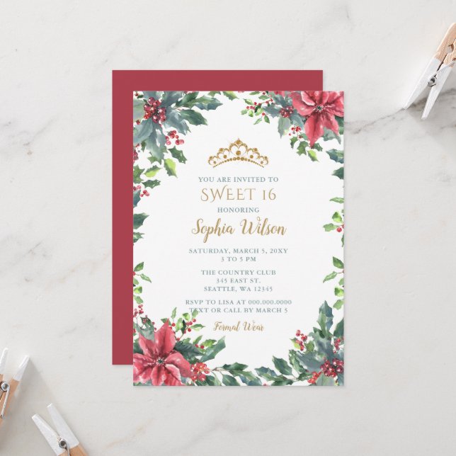 Holly Poinsettias Gold Princess Tiara Sweet 16 Invitation (Front/Back In Situ)