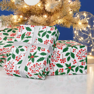 Holly Red Berries Botanical Christmas Holiday Wrapping Paper