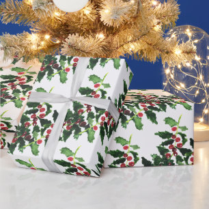 Holly Red Berries Botanical Christmas watercolor Wrapping Paper