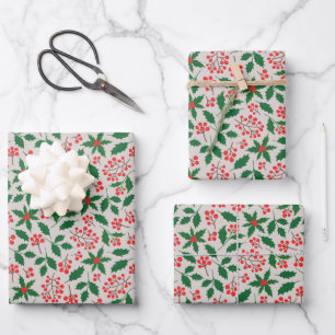 Holly Red Berries Botanical Christmas Wrapping Paper Sheet