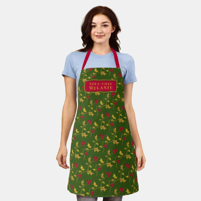 Holly red berries Christmas blue red green custom Apron (Worn)