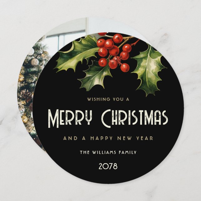 Holly Red Berries Elegant Black Photo Holiday Card (Front/Back)
