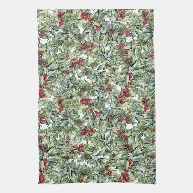 Holly, Red Berries, Mistletoe, Christmas Greenery Tea Towel (Vertical)