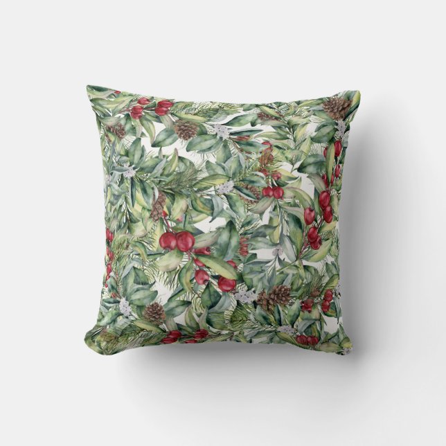 Holly Red Berries Mistletoe on White Background Cushion (Front)